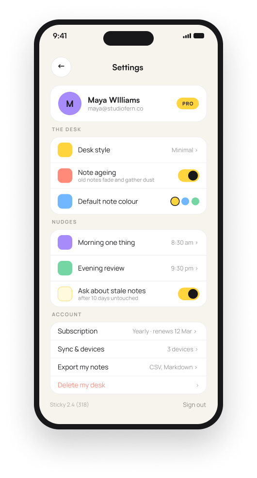 Settings: the desk and nudges