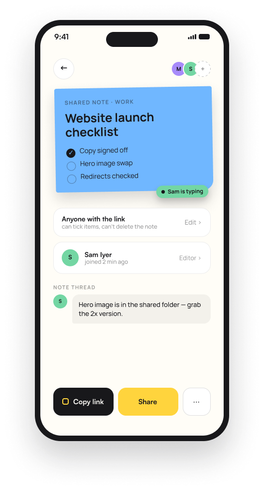 Shared note with thread and typing indicator